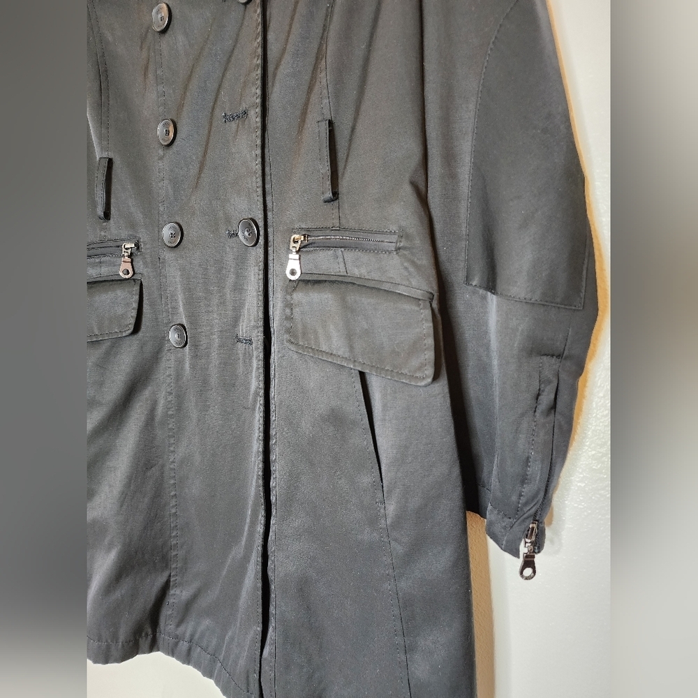 DKNY Black Trench Coat Classic Tailored Design Double Breasted Military Zippers - Picture 14 of 16